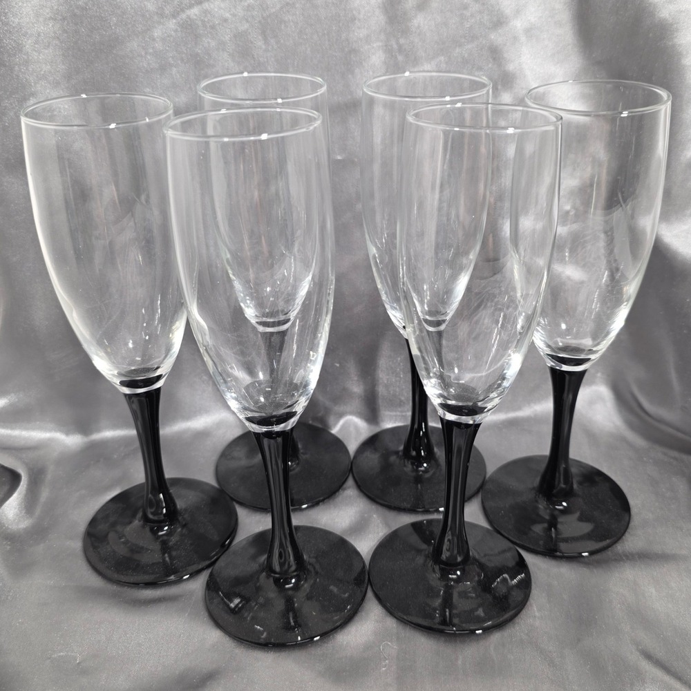 Set of 6 Champagne Flutes with Black Stems and Bases Clear Glass Barware